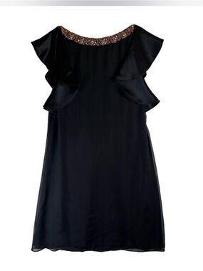 Alice + Olivia Black Ruffle Sleeve Shift Dress with Beaded Neckline 100% Silk